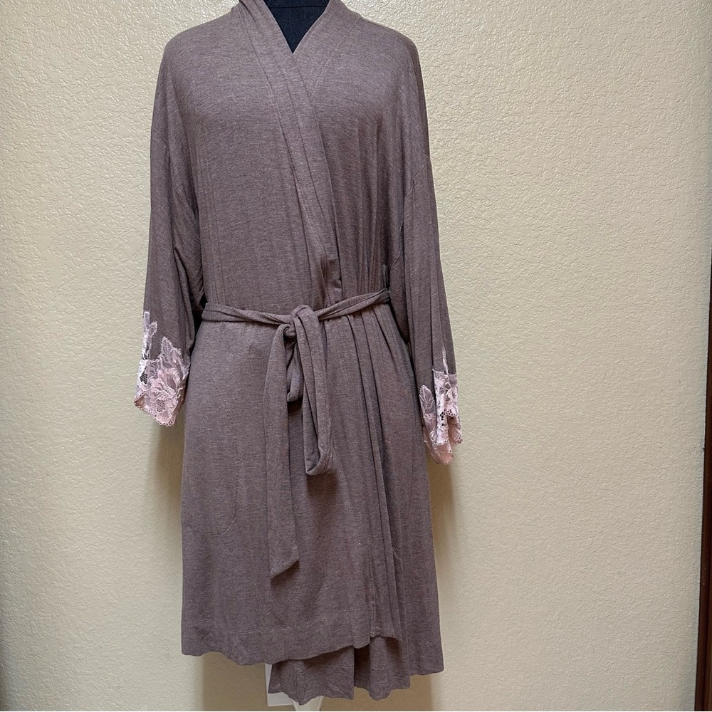 Soma Women’s Size S/M Pink Taupe Knit Midi Nightgown Quarter Sleeve Lace Trim